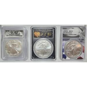 Perfect MS70 Silver Eagle 3‑Coin Set PCGS ICG ANACS FDOI FS Signed